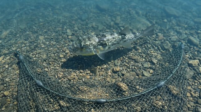 Top View Toadfish Crossing Pebbles With Sparse Fishing Net