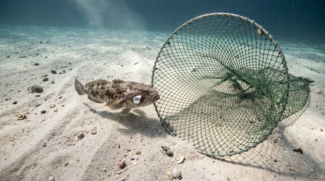 Toadfish Approaching Open Empty Net Mouth On Rippled Sand