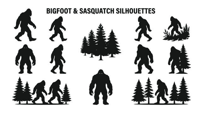 Bigfoot and sasquatch silhouettes collection, set of mythical creature icons in various poses with pine trees isolated on transparent background editable vector file