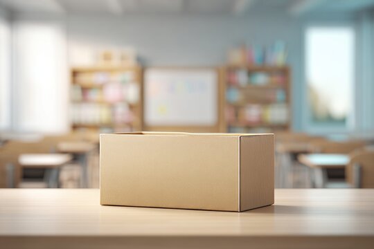 Empty cardboard donation box in classroom on wooden desk