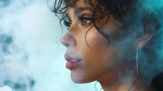A stunning closeup photo captures a young woman with curly hair, gazing into the horizon, surrounded by enchanting smoke, dramatic lighting, and an intense expression conveying deep emotion