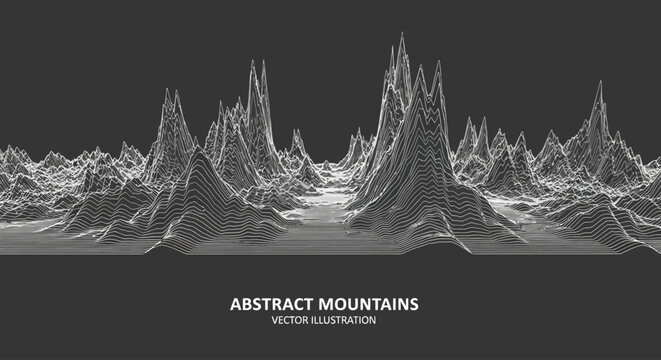 Dynamic digital wireframe landscape showcasing abstract mountain ranges and valleys, representing a futuristic technological terrain with intricate data visualization and geometric forms