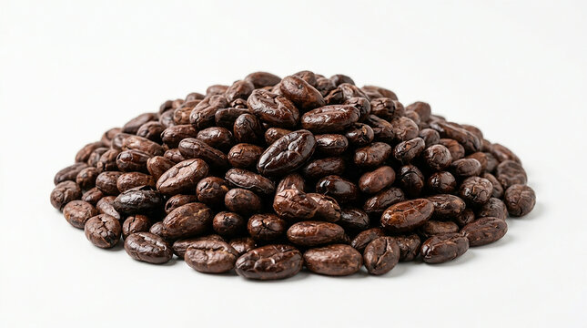 A pile of roasted coffee beans with a white background