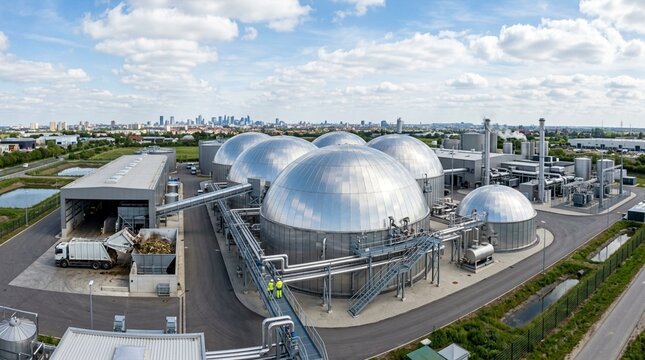 Aerial view of a biogas plant with large dome-shaped digesters and a truck loading organic waste
