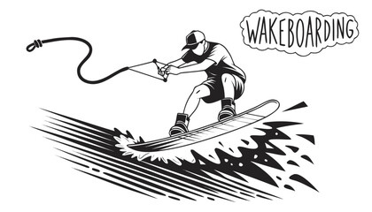 Fototapeta premium Very beautiful black-and-white engraved vector illustration featuring a wakeboarder performing an aerial jump, detailed splash textures, dynamic movement, and decorative label reading 