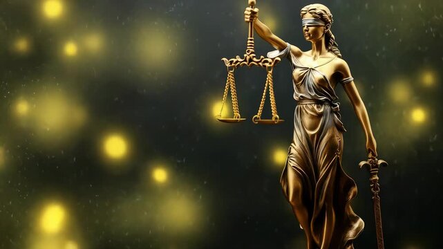 A golden statue of Lady Justice, blindfolded and holding scales and a sword, against a dark background, symbolizing impartiality and the power of law and justice. Statue is in focus.