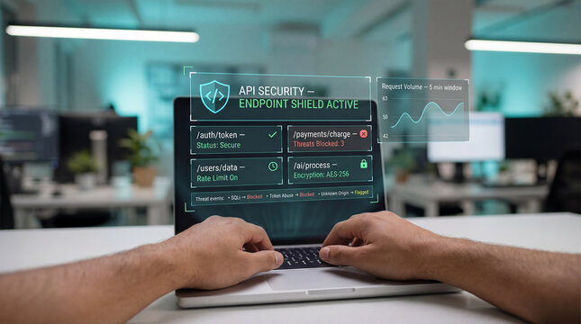 Developer using digital interface for API security and endpoint protection with active shield, monitoring SQLi blocks and rate limiting on a laptop, POV with hands on keyboard
