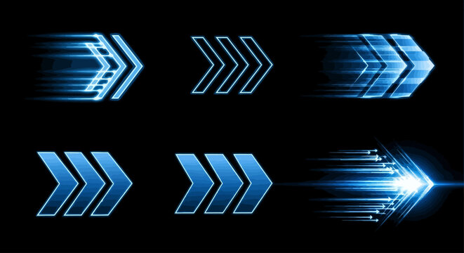Set of abstract futuristic glowing blue speed motion arrows on black background