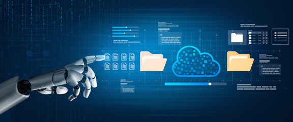 Naklejka premium A robotic hand points towards a cloud system with digital files, symbolizing the future of data management and storage technology in a modern environment. Ledger