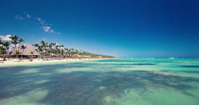 Panoramic view of a tropical white sand beach with palm trees and turquoise ocean water