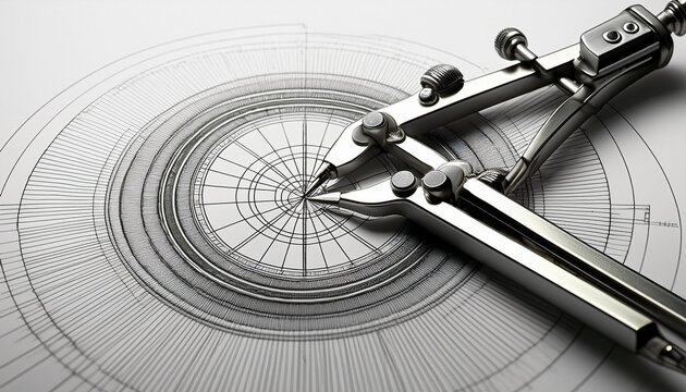 drafting compass drawing circle on white paper background macro
