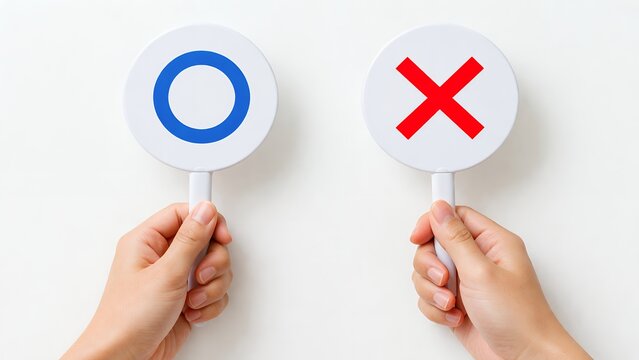 〇と✕のプラカードを両手に持ち選択と判断を示す