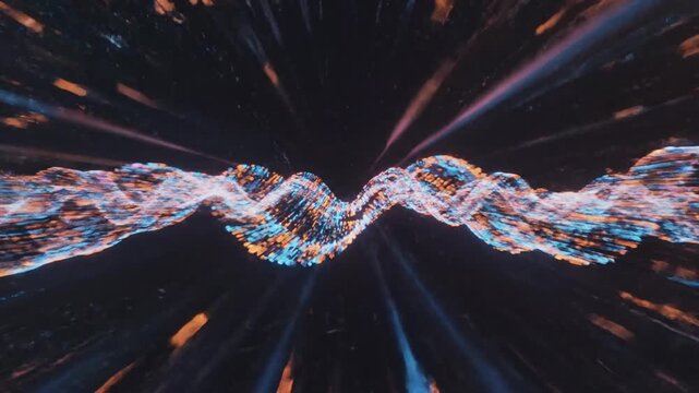 Abstract digital particles forming geometric shape in dark space