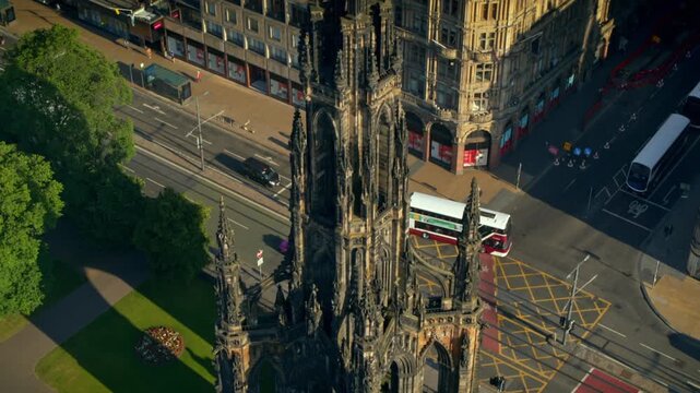 High angle view of the historic Scott Monument and surrounding city traffic in Edinburgh
