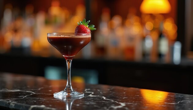 Rich chocolate martini with fresh strawberry garnish sits on dark marble bar top. Soft background lights create cozy atmosphere. Perfect for nightlife, cocktail, or dessert menus.