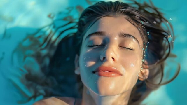 Captured from above, a woman's serene face floats in clear blue water, her eyes closed in peaceful repose. Water droplets adorn her skin, enhancing the feeling of tranquility.