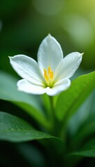 Fototapeta premium Macro view of delicate white corolla flower with vibrant yellow stamens. Rich green leaves and soft bokeh background. Spring bloom, natural beauty.