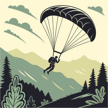 Paraglider silhouette flying over mountain landscape with trees extreme sport adventure sport active life paraglider