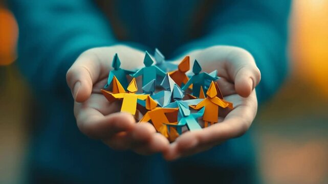 Hands holding colorful paper people figures representing community, diversity, and teamwork concept inclusion