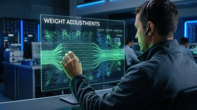 Man interacting with a glowing neural network visualization on a futuristic computer interface in a high-tech control room