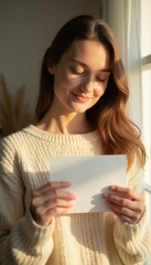 Fototapeta premium Young woman holds blank card near window. Soft sunlight illuminates her happy face and cozy sweater. She reads message with closed eyes, smiling. Peaceful moment indoors.