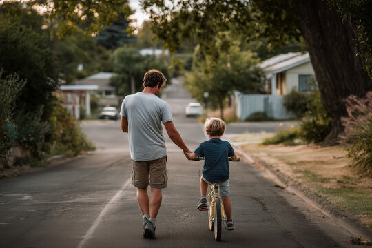  A supportive father guiding his young son&rsquo;s first bike ride.