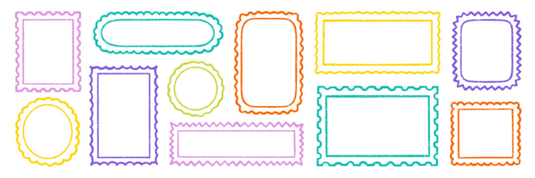 Crayon kids stamp frames and postcard text box with grunge pencil texture. Chalk brush postage shapes and rectangular pastel border. Hand drawn vector illustration isolated on transparent background
