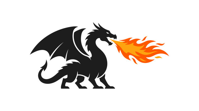 Black dragon silhouette breathing fire graphic illustration on white background