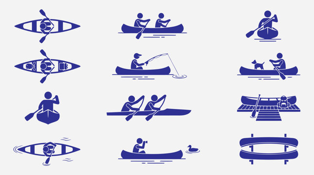 Set of canoeing and kayaking icons, people paddling, fishing, and relaxing in boats, vector illustration editable vector