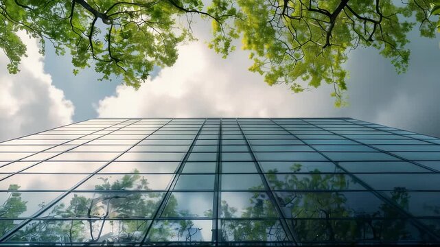 A low-angle shot captures the facade of a glass building reflecting the sky and treetops, creating an intersection of urban architecture and the natural environment with a unique perspective.