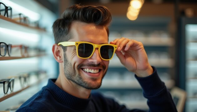 Man smiles trying on bright yellow sunglasses in an optician shop. He adjusts them on his face while browsing frames. Fashionable eyewear choice.