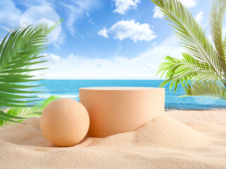 Obraz premium Presentation for product. Stylish podium on tropical sandy beach. Space for design