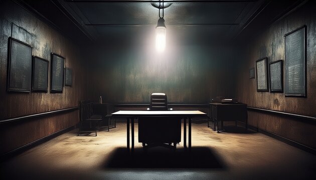 dark gritty interrogation room with single bright light overhead