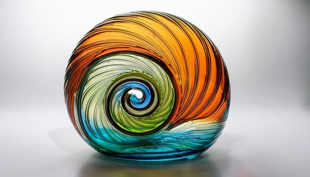 spiral shaped art glass vase by josef hospodka featuring vivid swirls of amber blue and green handcrafted in bohemia and beautifully displayed on a clean white background glass vase