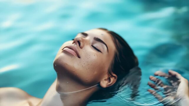 Close-up of a woman floating in turquoise water. Eyes are closed in bliss, with her head tilted back. Ripples and refractions play across her face and arm, evoking tranquility and relaxation.