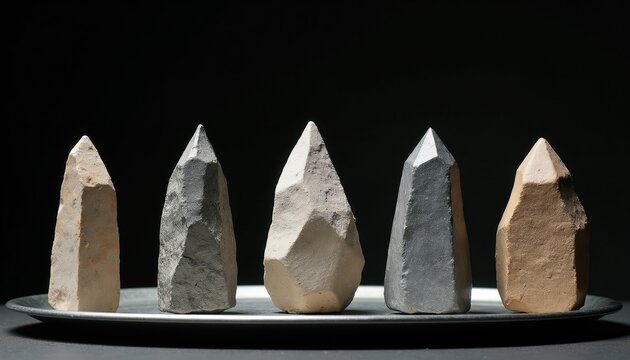 Five pointed stone tools arranged on a round metal tray against a dark background. Objects vary in size, shape, and material texture. They look like early human tools.