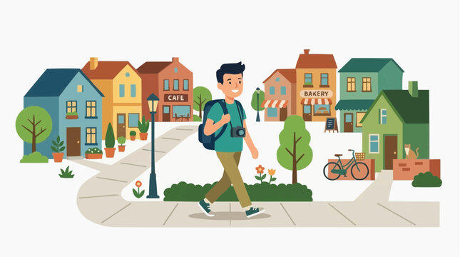 A young man with a backpack and camera walks down a path in a colorful town. The illustration depicts a cheerful, cartoon-style scene with quaint houses and a bicycle parked on the side