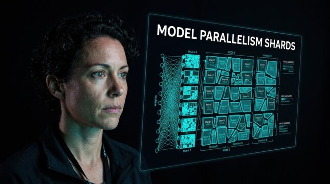 Woman examining a futuristic holographic display showing a complex network diagram labeled 'Model Parallelism Shards'