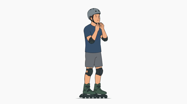 A person wearing rollerblades and protective gear, preparing to skate