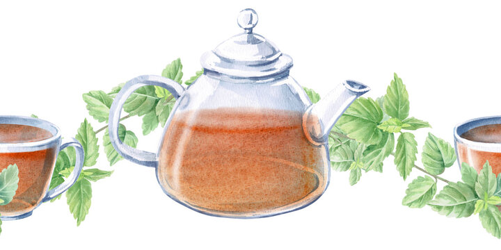 A teapot and cup with lemon balm branches in a seamless border. Isolated watercolor illustration for drink menu designs, herbal tea packaging, cards, product labels, prints, and blog posts