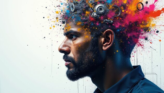 Man with colorful paint splatters and gears exploding from head. Brainstorming ideas, creative thinking process, innovation, imagination, mind exploding with concepts.