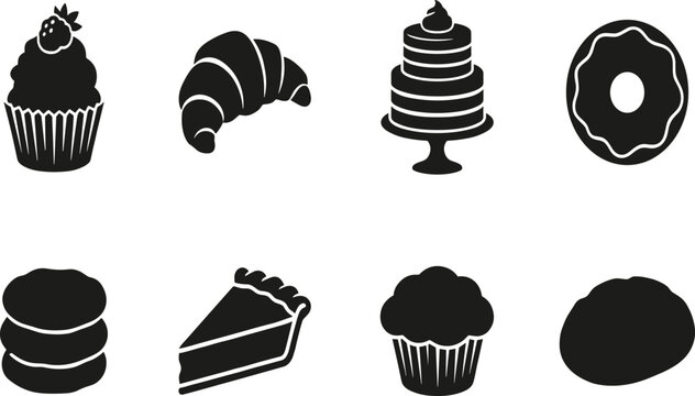 Bakery food silhouettes with cupcake, croissant, cake, donut, cookies, pie, muffin, and bread vector icons set