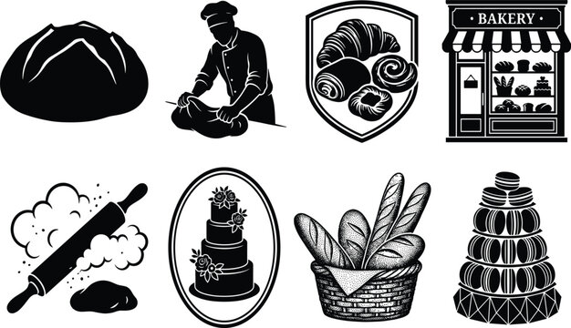 Bakery and Pastry Silhouette Illustrations Featuring Bread, Cakes, Croissants, Dough Preparation, and Storefront Scenes