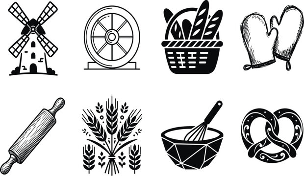 Baking and Bread-Making Silhouette Illustrations Featuring Windmill, Wheat, Kitchen Tools, and Pastry Food Elements
