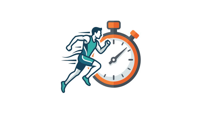 Athlete runner sprinting next to a large stopwatch timer.