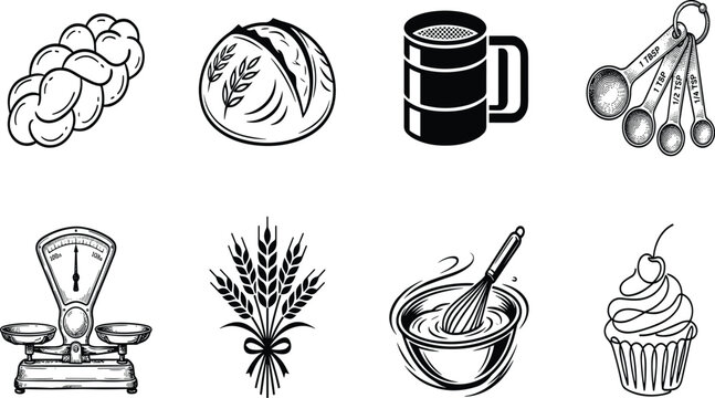 Baking and Cooking Silhouette Illustrations Featuring Bread, Wheat, Kitchen Tools, Measuring Utensils, and Dessert Items