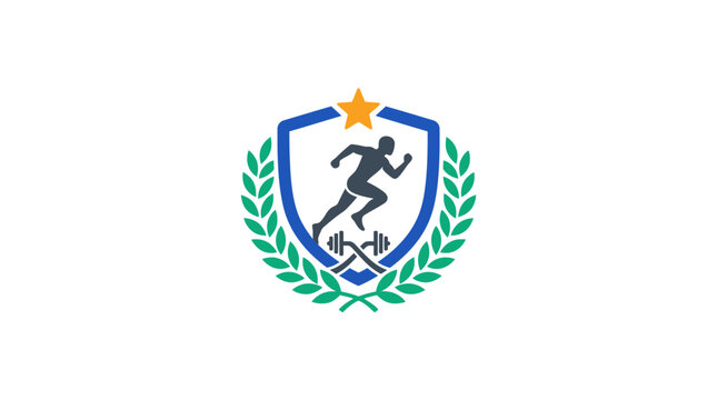 Athletic fitness logo with runner and laurel wreath shield.