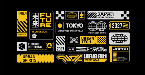Naklejka premium Abstract futuristic urban signs and logos. Clothing Brand Emtblems, sci-fi emblems, techno style hieroglyphs, words and text for tee prints, streetwear fashion, clothing printing - editable vector