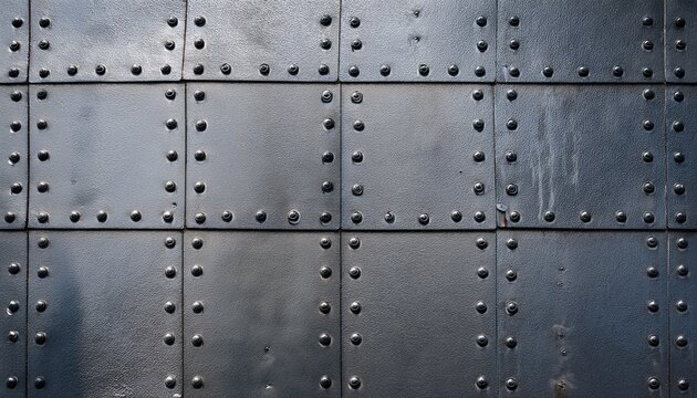 close up of battered sheet metal with evenly spaced rivets background