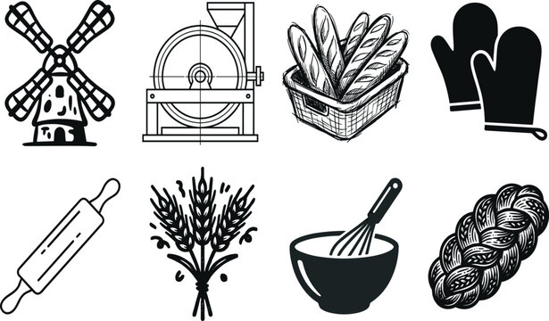 Bread-Making and Baking Silhouette Illustrations Featuring Windmill, Grain Mill, Wheat, Kitchen Tools, and Fresh Bread Loaves